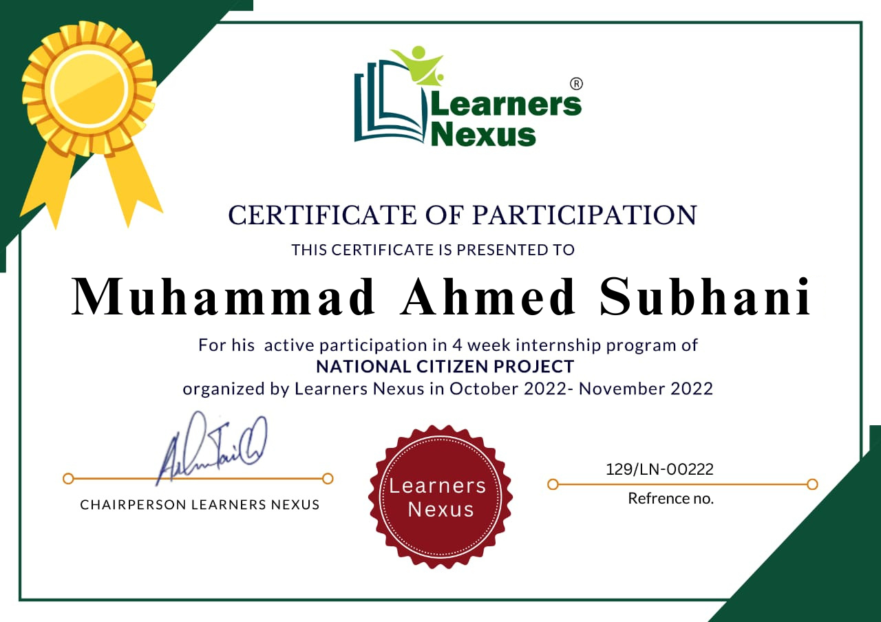 Learners Nexus National Citizen Project certificate awarded to Muhammad Ahmed Subhani
