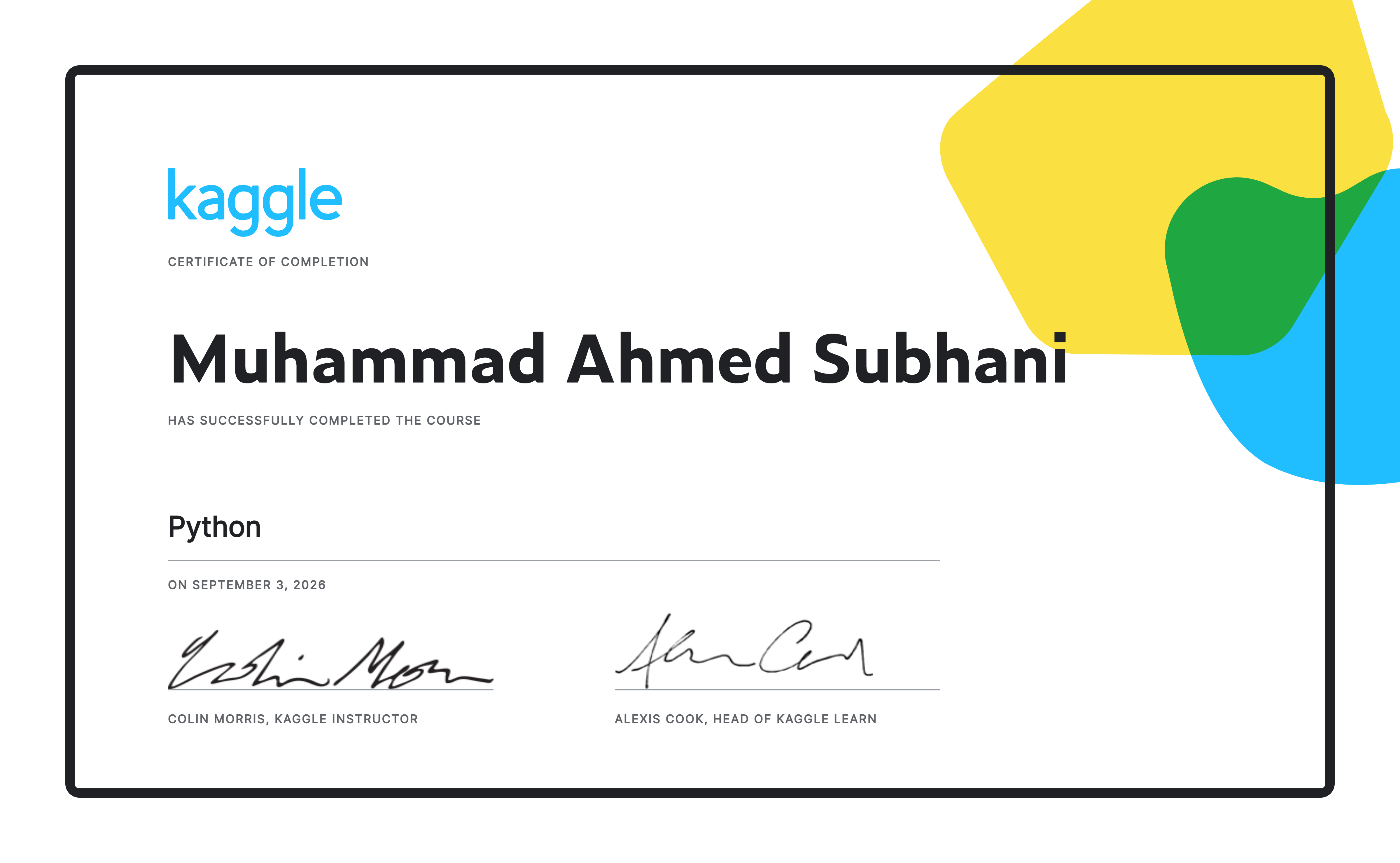 Kaggle Python certificate awarded to Muhammad Ahmed Subhani