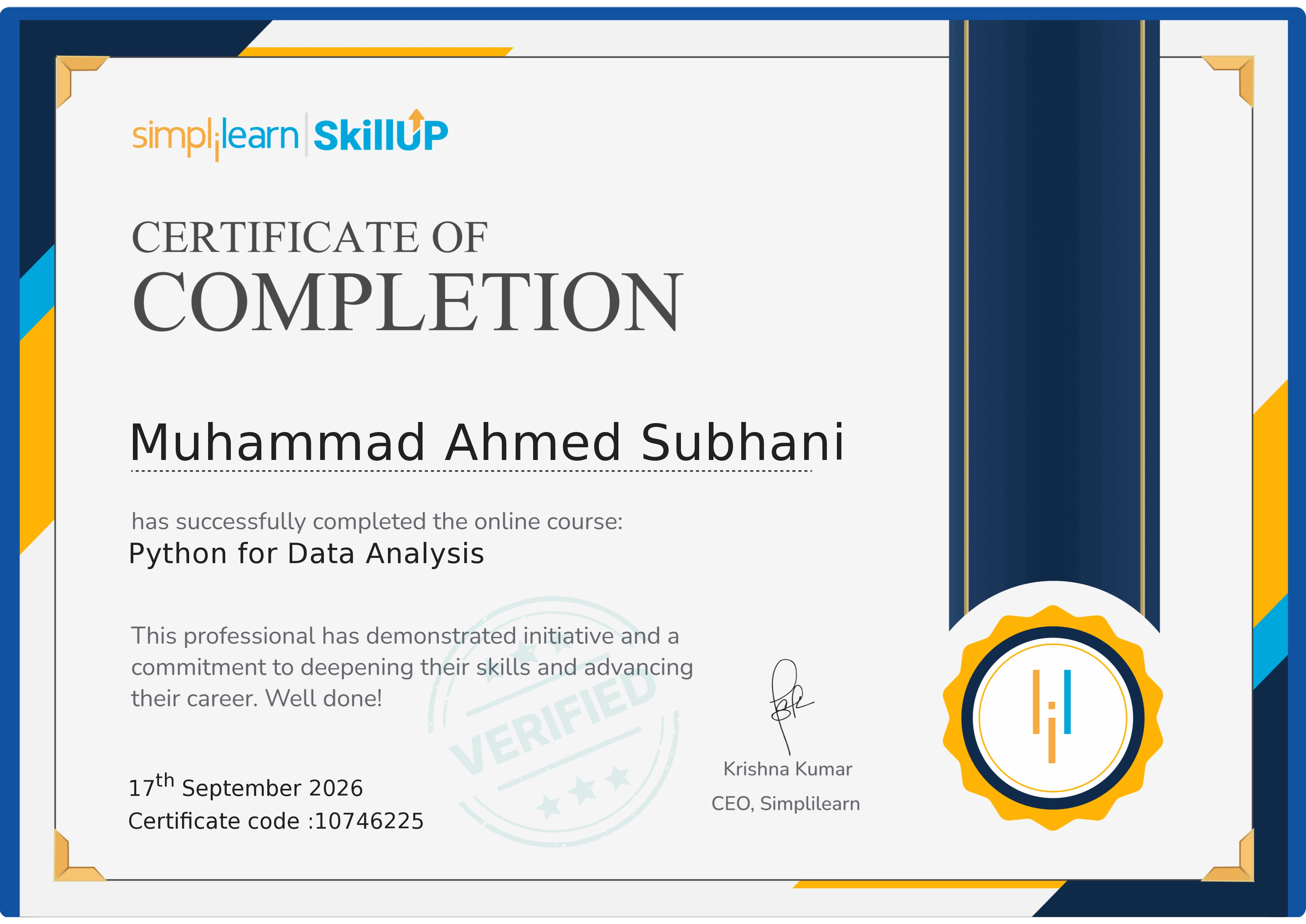 Simplilearn Python for Data Analysis certificate awarded to Muhammad Ahmed Subhani