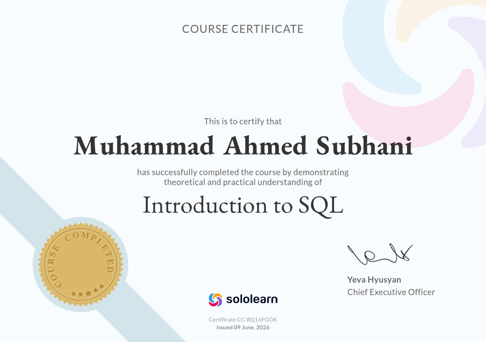 SoloLearn Introduction to SQL certificate awarded to Muhammad Ahmed Subhani